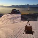 adding final touches to the painting . Cabane des violettes, Swiss Alps
