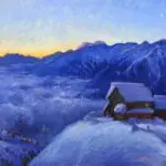 Cabane des Violettes, Crans Montana, Switzerland. Sunrise. oil painting