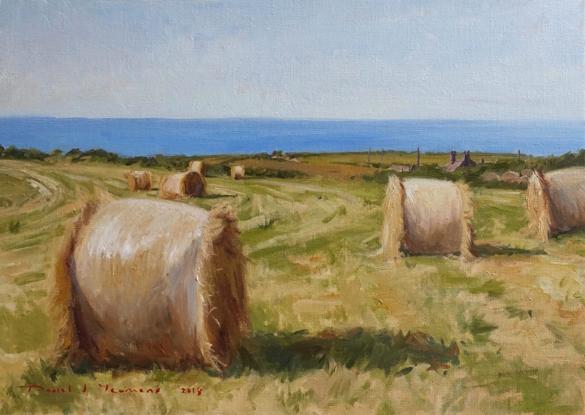 Oil piainting of Haybales on Anglesey overlooking the Irish Sea