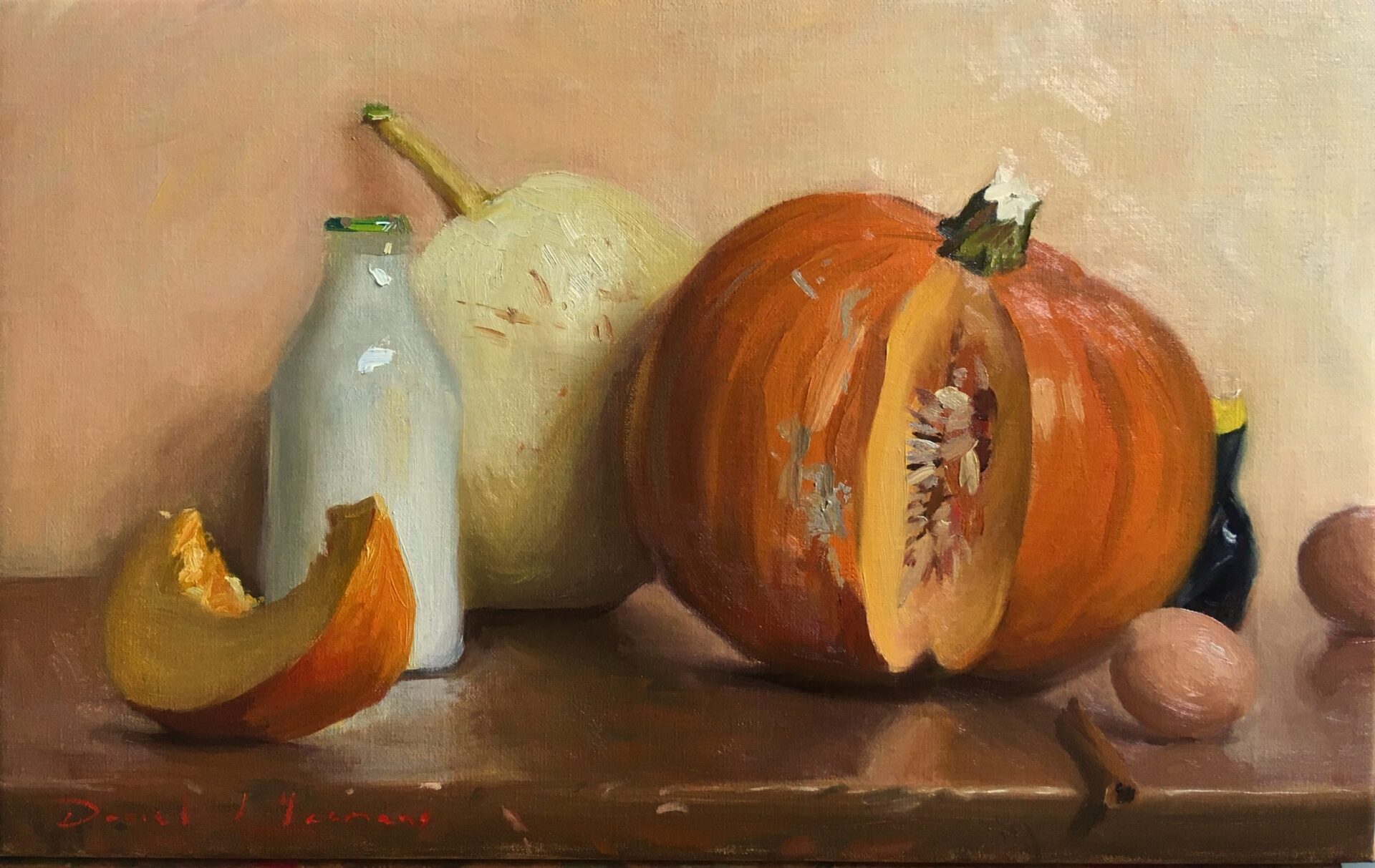 still life painting of pumpkin pie with milk cinnamon and eggs
