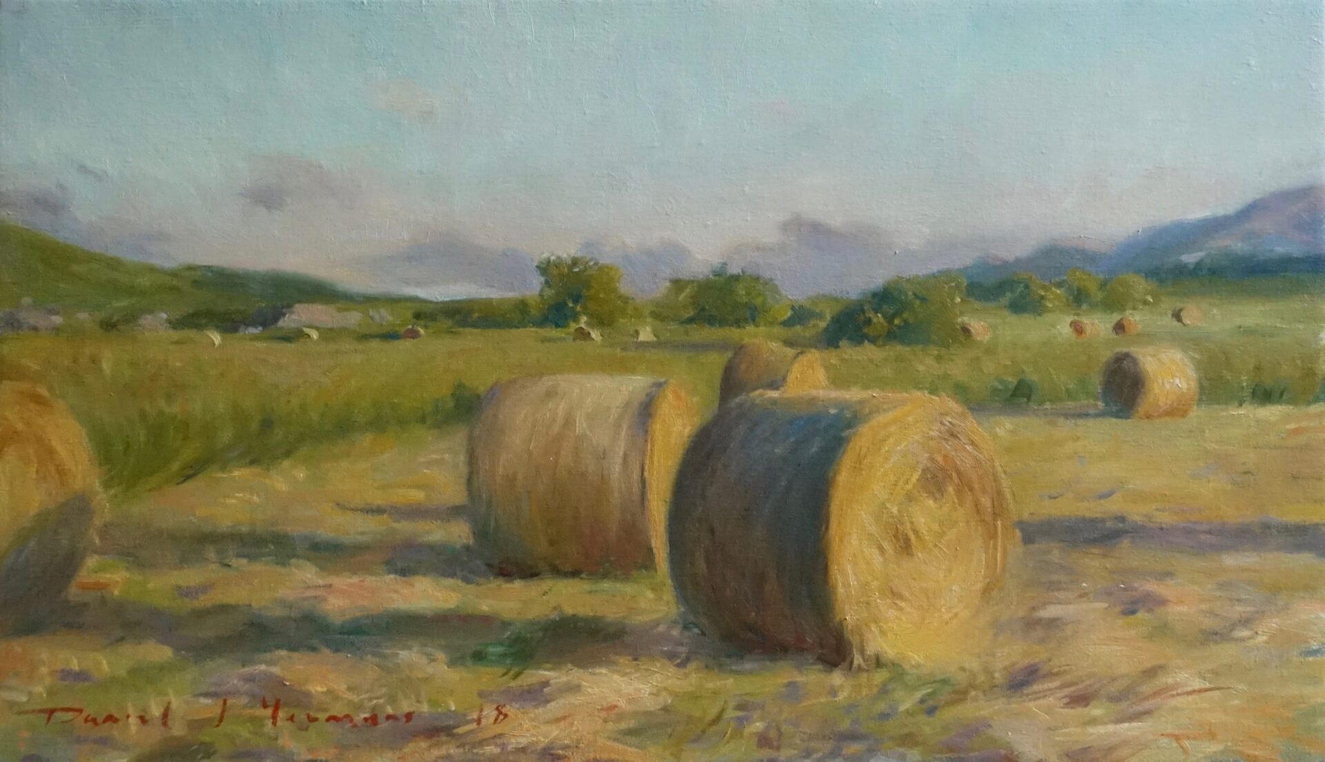 Oil painting of Haybales by sunset at the foot of Snowdon