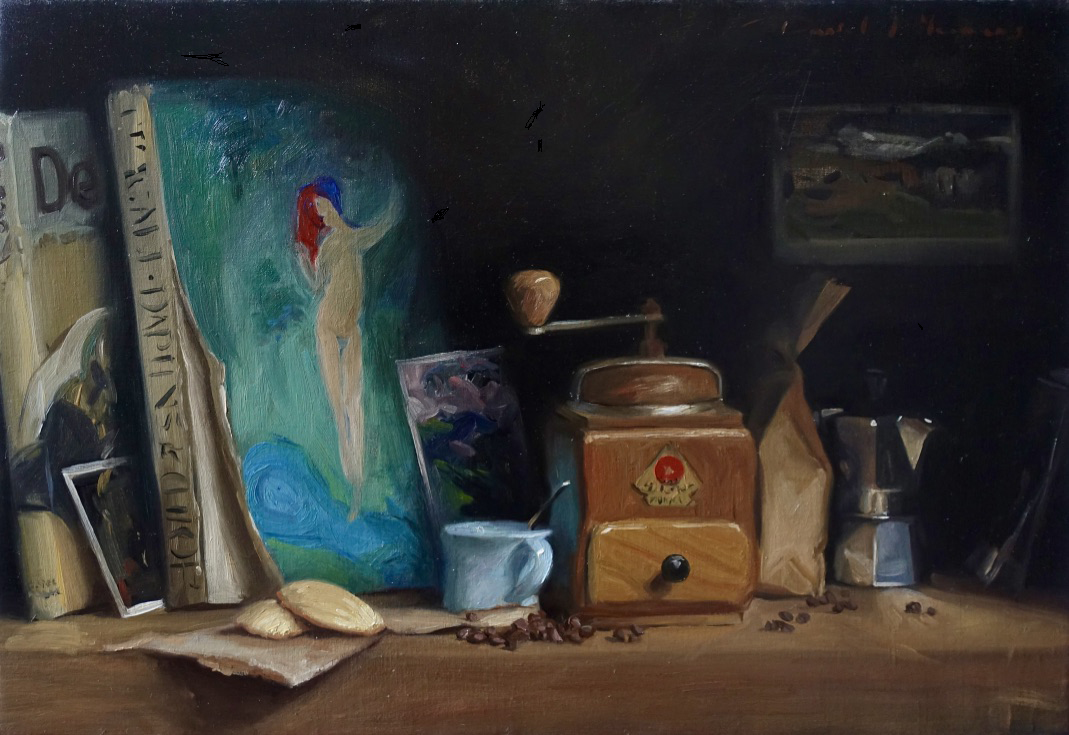 a still life oil painting of artists inspiration on the shelf