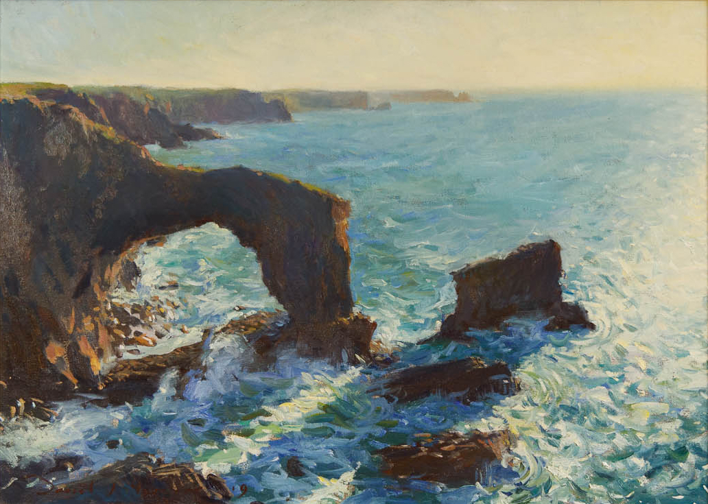 an oil painting of the Green bridge of Wales, Pembrokeshire