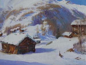 A painting of La Sage in WInter with a view of Evolene