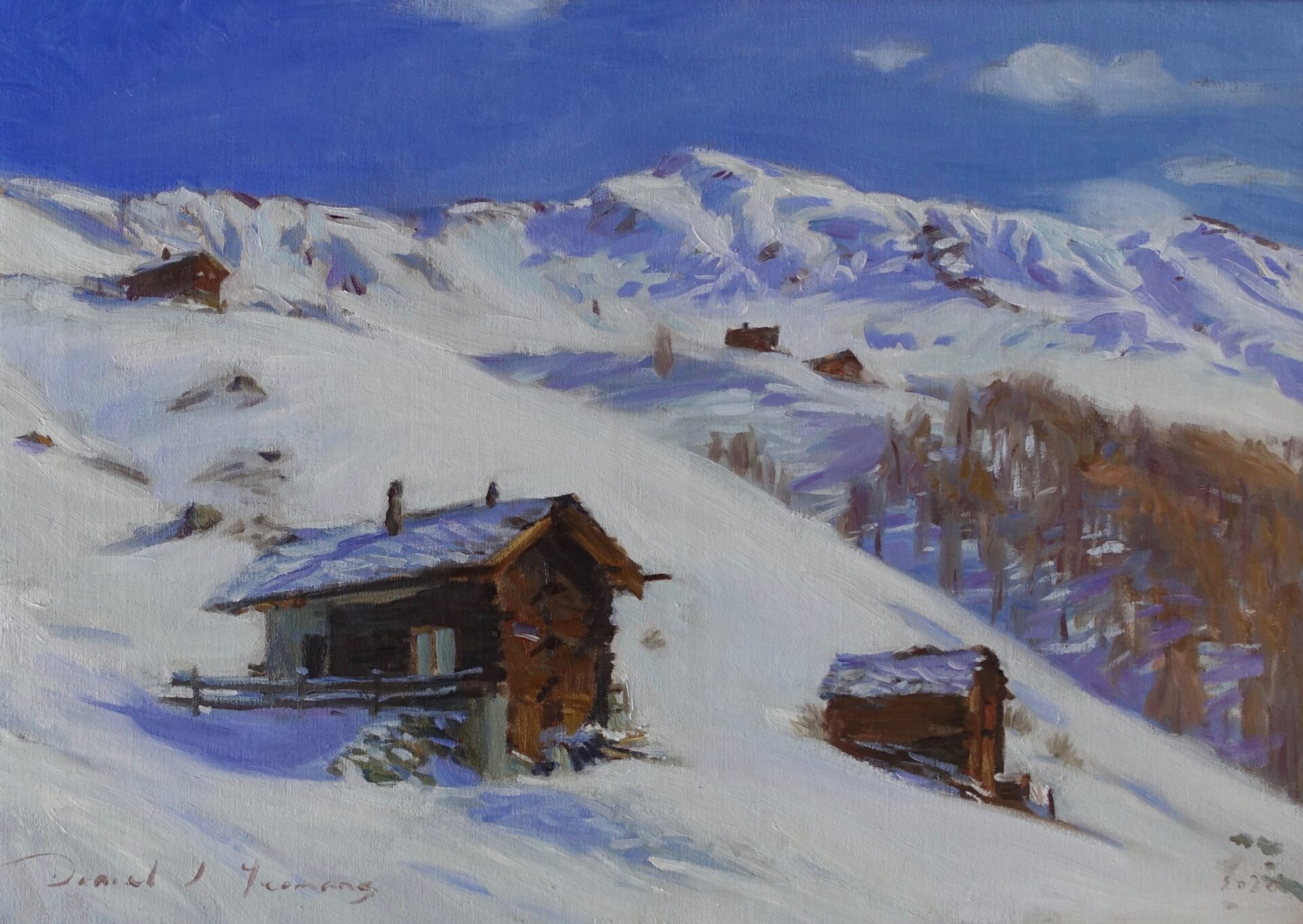 oil painting of mountain huts in La Sage, Switzerland