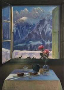 oil painting of Tea and cake with a view over les rives & dents Du midi