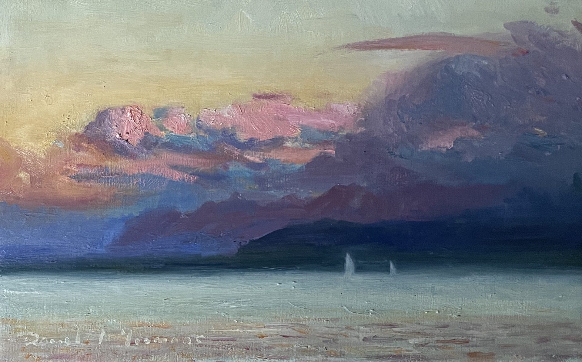 oil painting of the dramatic clouds changing in the sunset light. Lac Léman