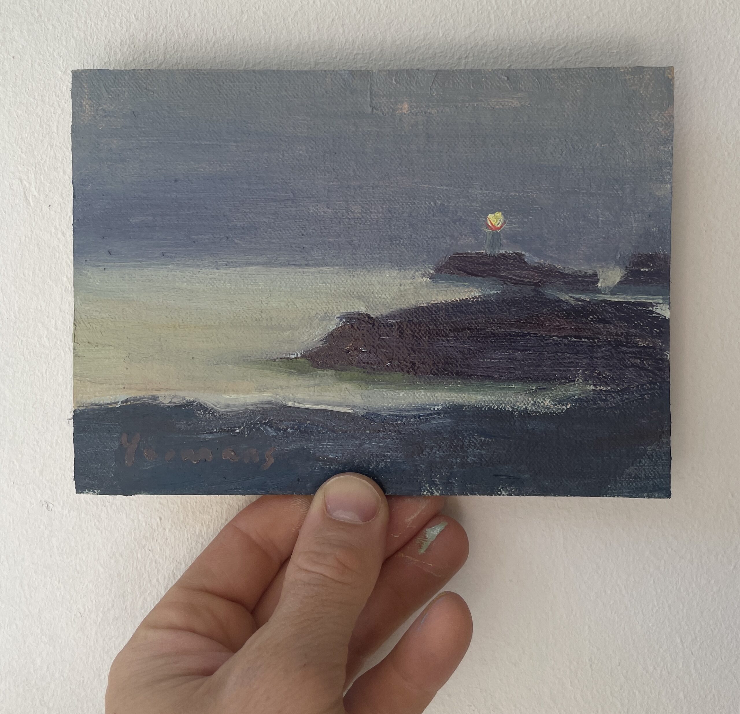 Oil painting of South Stack lighthouse at dusk