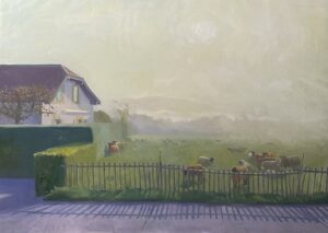 Oil painting from Founex looking across the fields , lac leman and toward the alps.