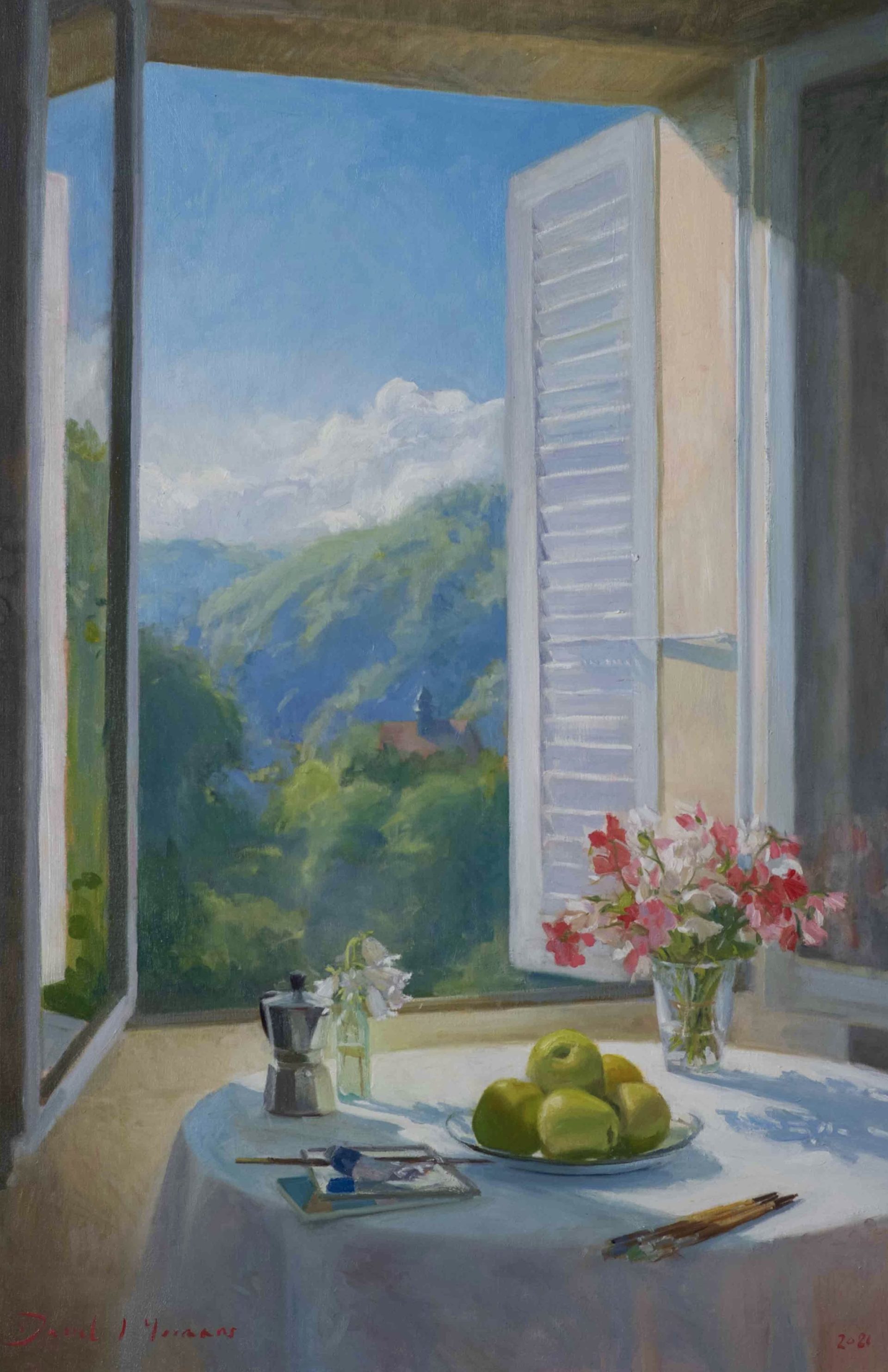 Oil painting of Sweet Peas apples and a Mokapot on the Artist's Table (Updated Jan. 2026)