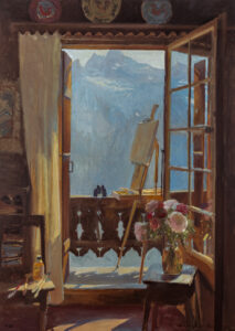 Oil painting of a chalet interior with view of Dents du Midi