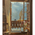 oil painting titled "Painting les Dents du Midi from the Balcony" A painting of a view looking out of an old swiss chalet over the mountains.