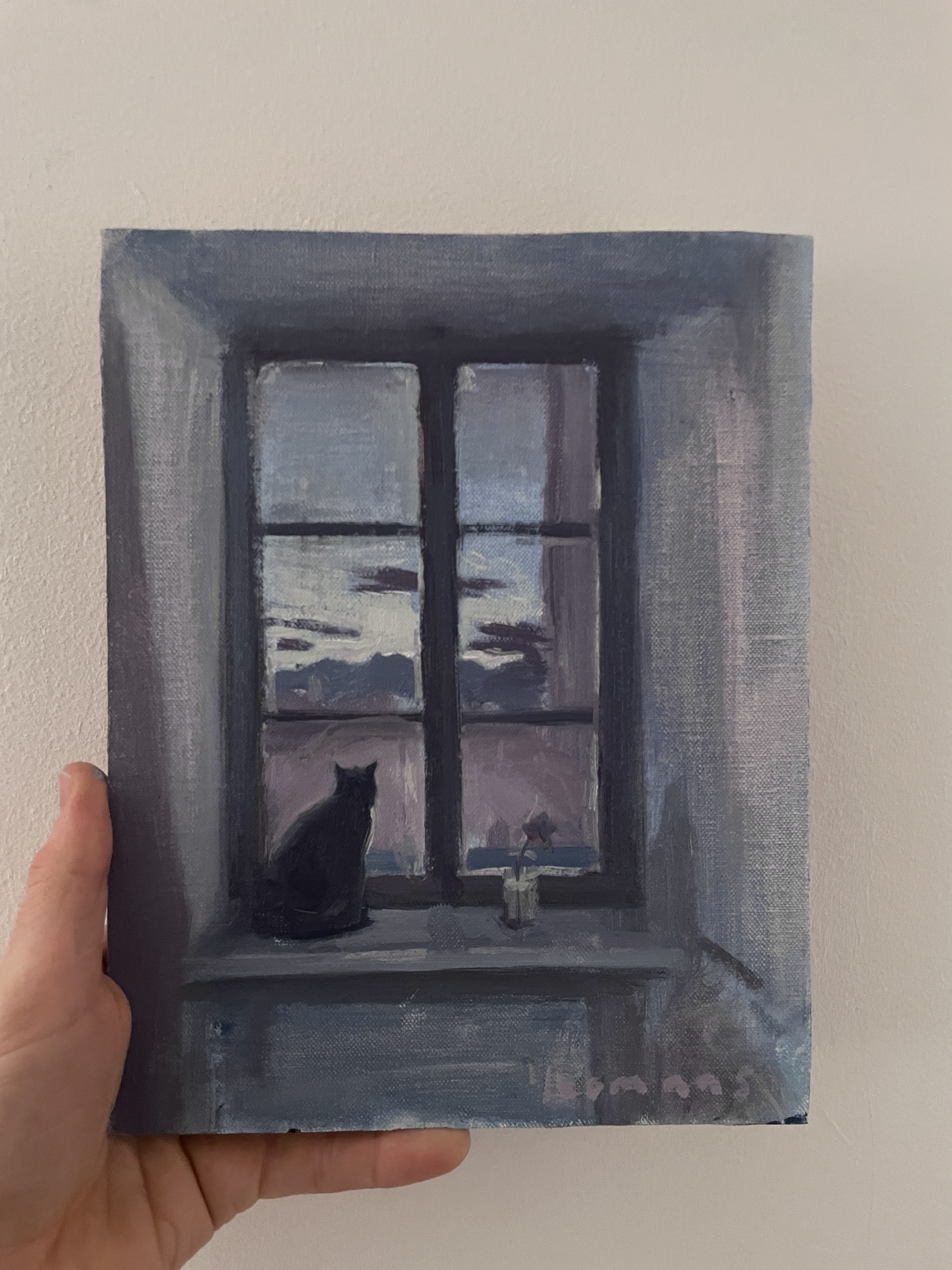 oil painting of a cat watching the sunrise through a window