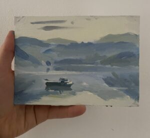 Oil sketch of a distant boat in the mist on Lochcarron