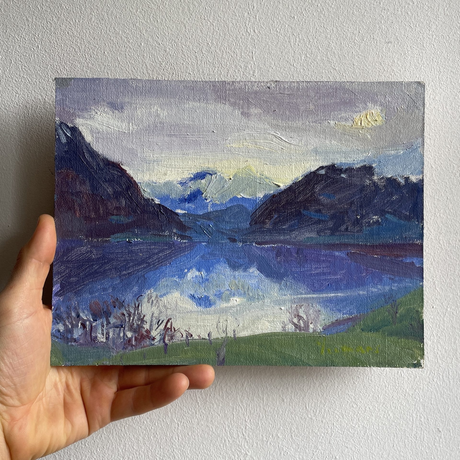 oil painting of Sarnersee with reflections of the mountains