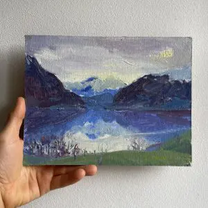 oil painting of Sarnersee with reflections of the mountains