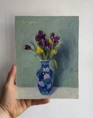 Oil painting of Tulips and daffodils in a Chinese vase.