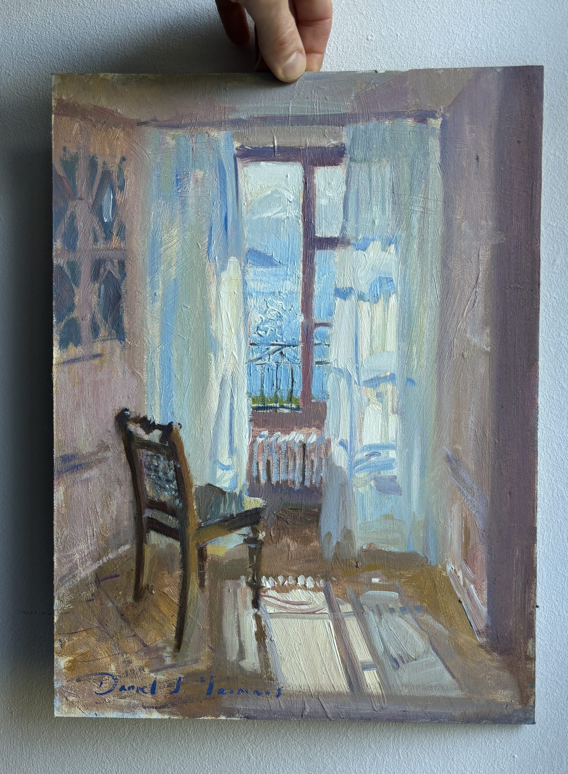 Oil painting of a lake view from Schloss Schadau