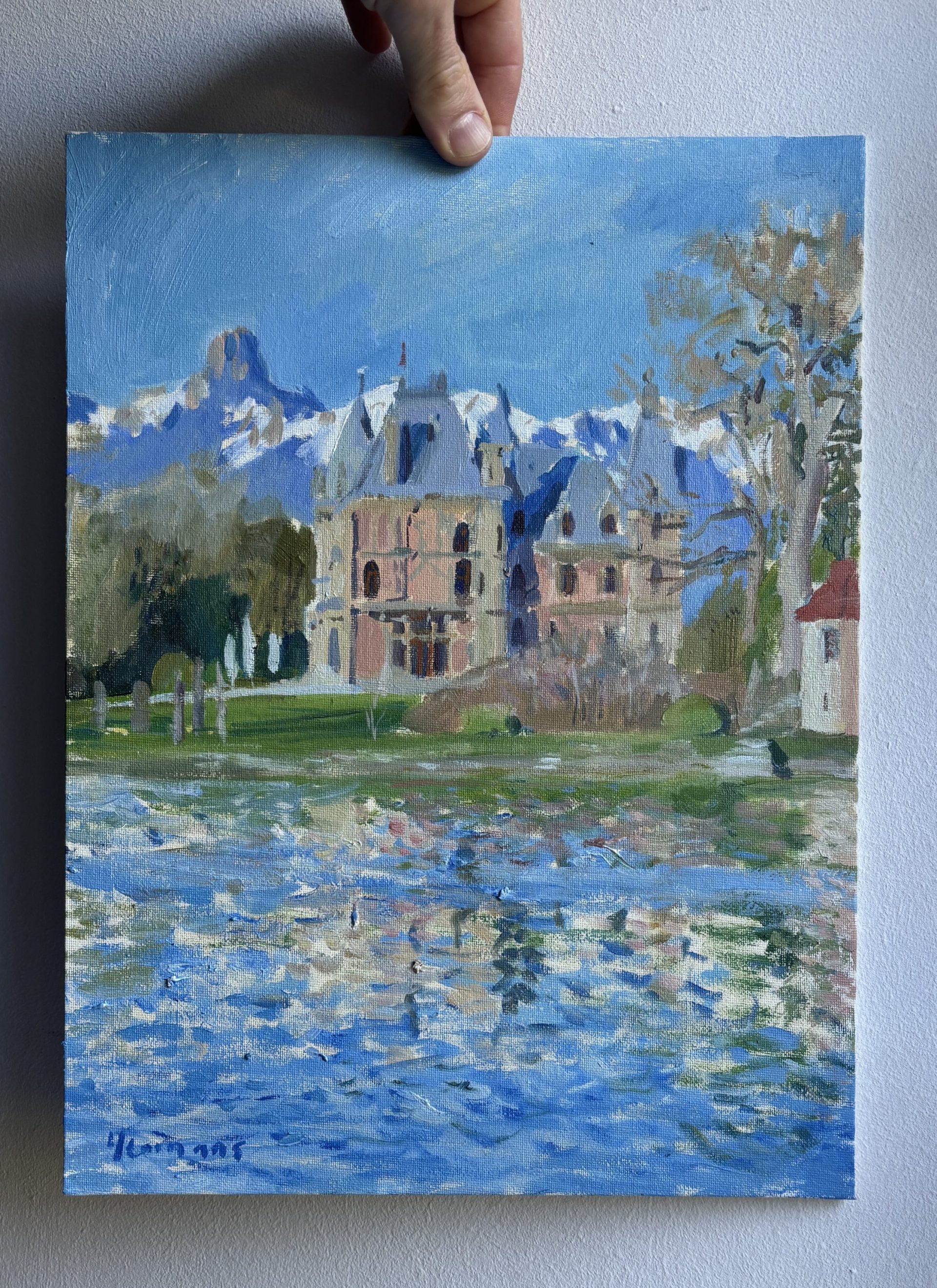 oil painting of a view overlooking lake Thun and Schloss Schadau