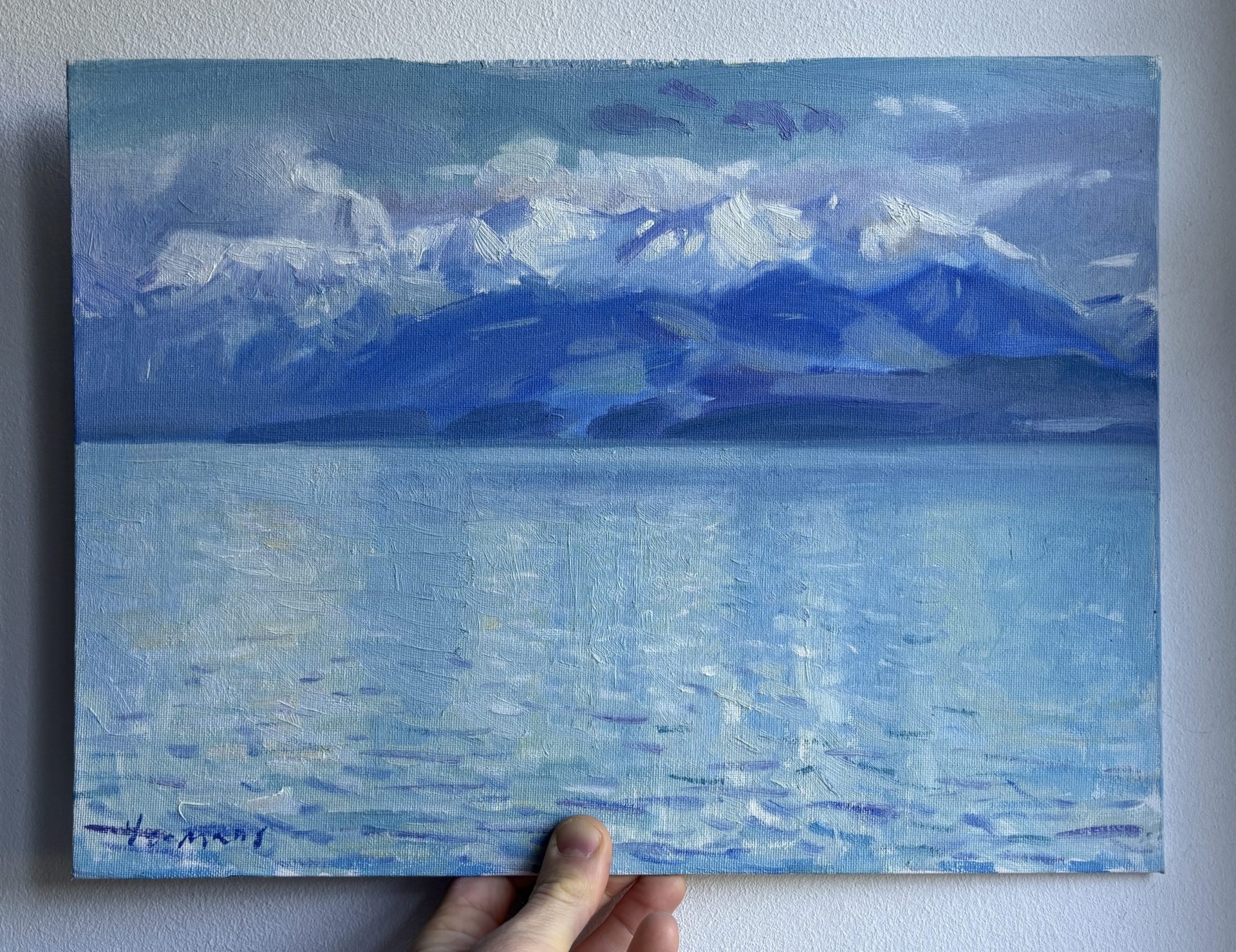 Oil painting of Lake Thun overlooking Mönch , Eiger and Jungfrau