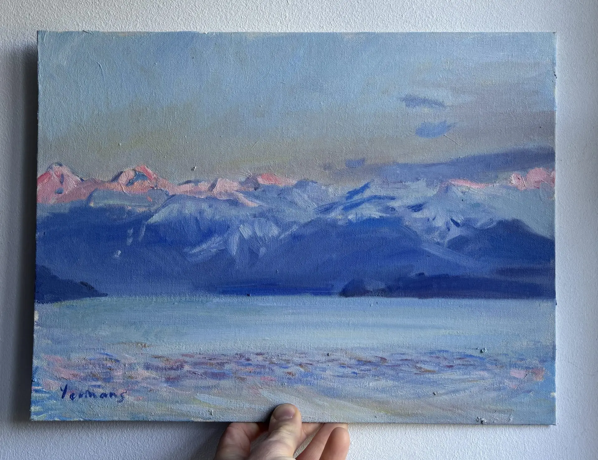 oil painting of the view from Schloss schadau overlooking lake Thun with the Eiger and Jungfrau in sunset light