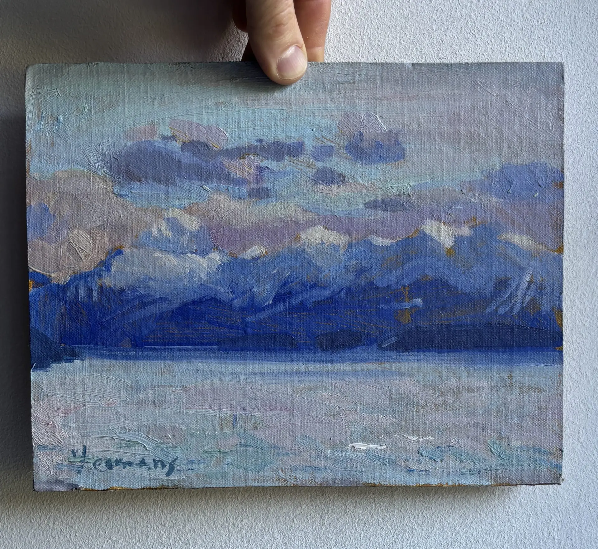 A small Oil painting of Thunersee at dusk. Painted from Schloss Schadau