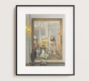 Mock-up of Oil painting of a MIrror refelecting the Lobby , artist and hotel dog at Schweizerhof Hotel in Flims.